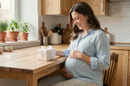 Femme enceinte souriante recevant un cadeau gratuit à domicile pendant sa grossesse