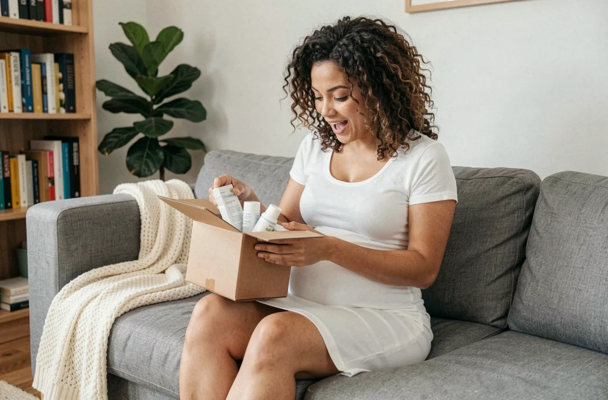 Femme enceinte ouvrant un colis de produits bébé gratuits reçus par courrier