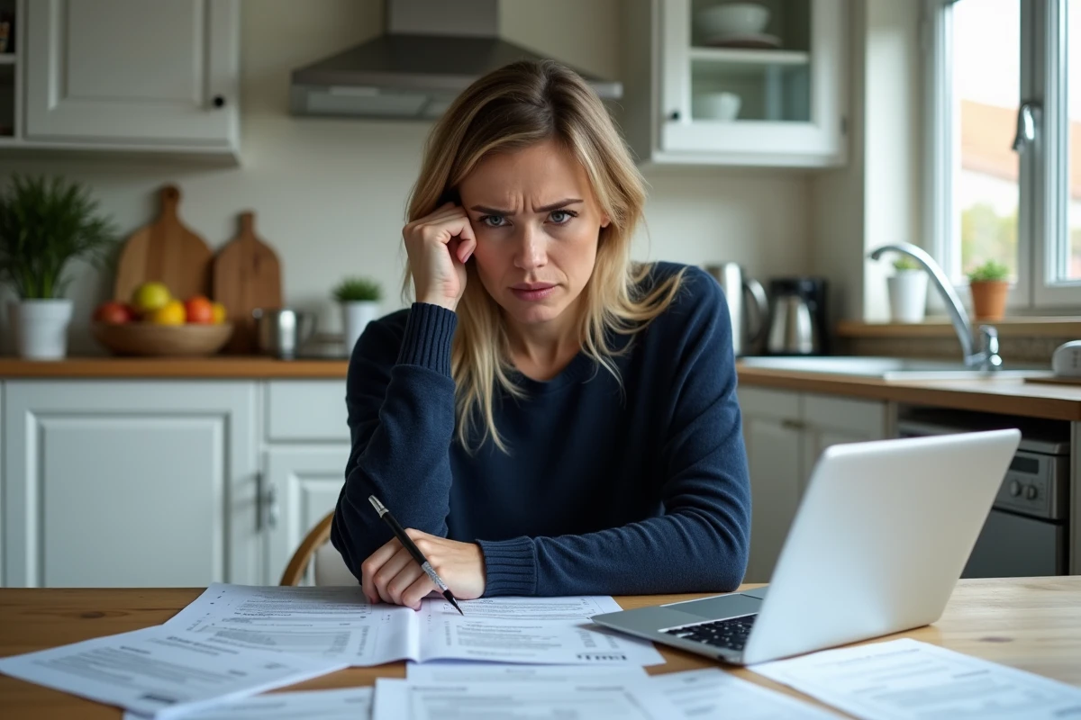 Femme inquiète examinant des factures de divorce et des documents juridiques sur une table de cuisine