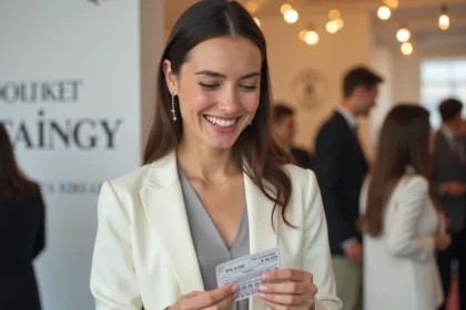 Femme souriante qui gratte un ticket personnalisé lors d'un lancement produit en intérieur
