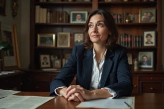 Femme réfléchie dans un bureau ancien entourée de photos et lettres