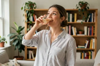 Femme jouant au jeu de mimes en mimant l'action de boire, idée de mime du quotidien en famille
