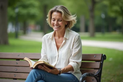 Femme lisant dans un parc en plein air avec nature