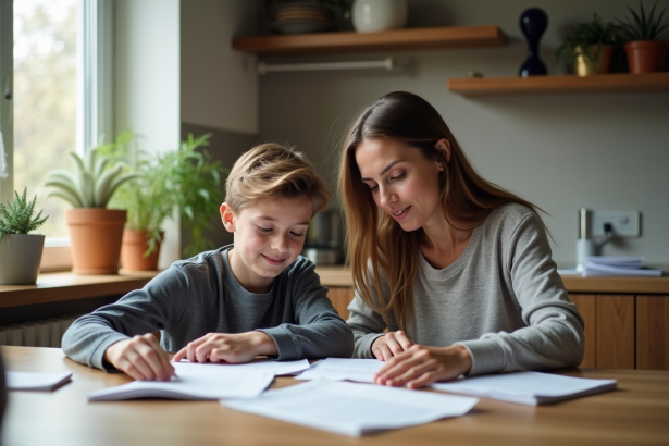 Femme et son fils regardent des papiers à la cuisine