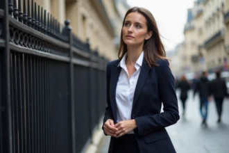 Jeune femme parisienne en blazer regardant au loin