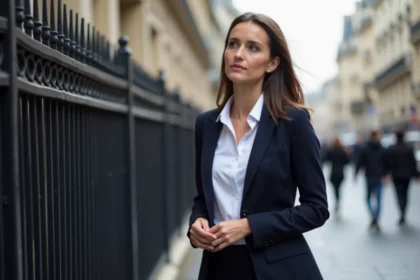 Jeune femme parisienne en blazer regardant au loin