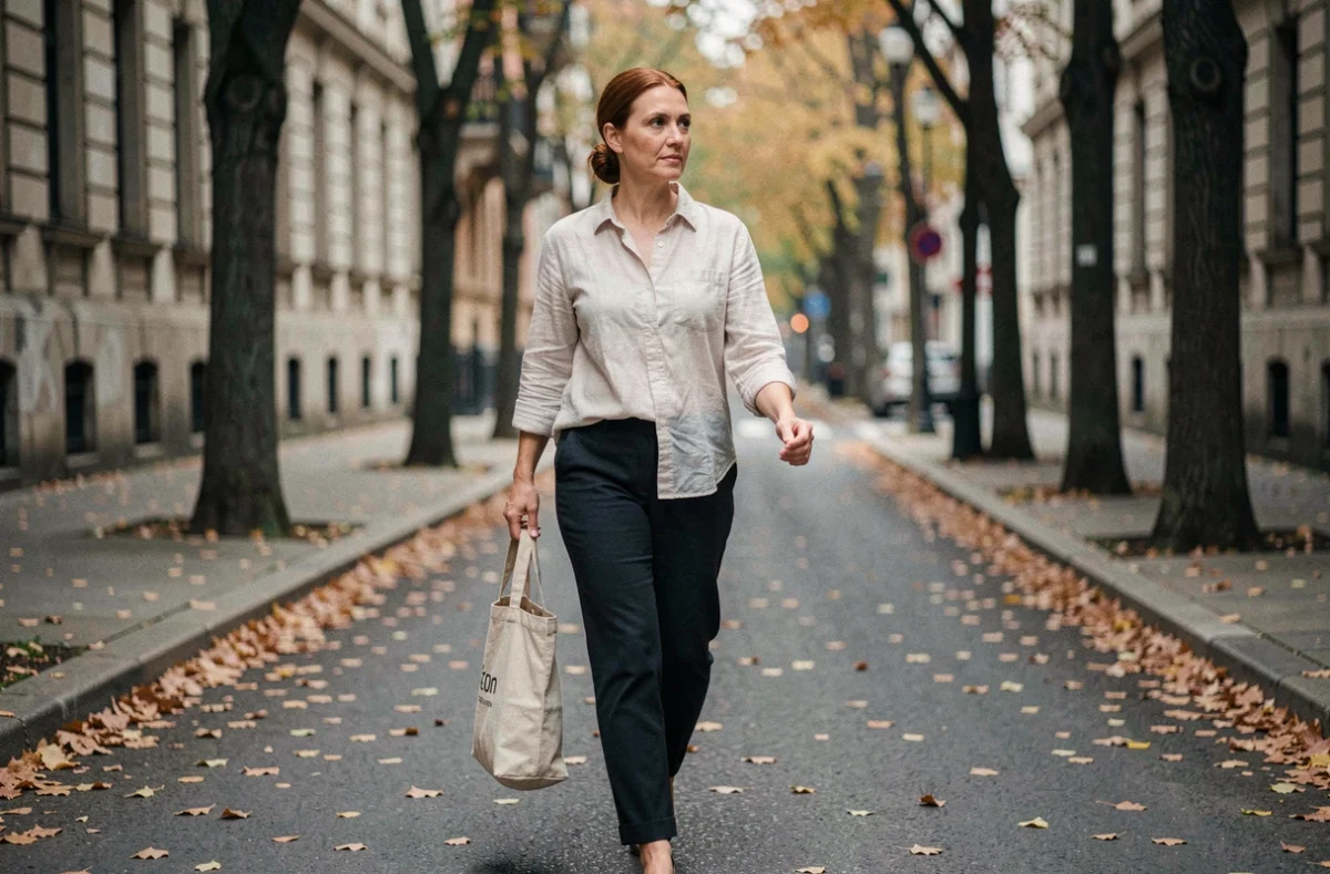 Femme marchant seule dans une rue parisienne arborée en automne, image candide et naturelle évoquant la vie personnelle et quotidienne