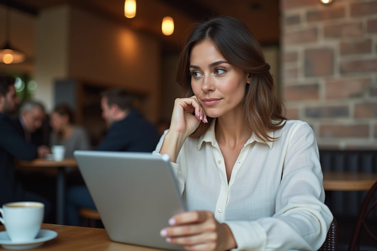 Femme recherchant des informations sur un site méconnu depuis une tablette dans un café urbain