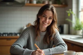 Femme rédigeant un courrier de congé parental prolongé à la table de sa cuisine