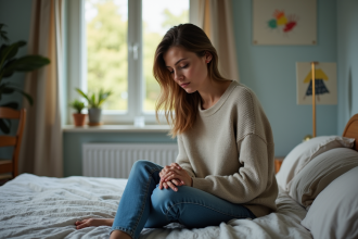 Femme assise sur le lit dans une chambre douce et lumineuse