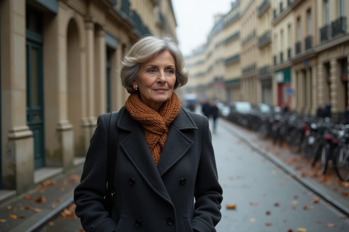 Femme seule marchant dans une rue parisienne en automne, évoquant la discrétion et la vie privée préservée d'une personnalité publique