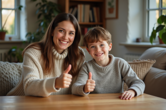 Femme souriante donnant un pouce en soutien à un garçon à la table