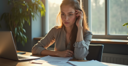 Jeune femme stressée au bureau avec papiers et ordinateur