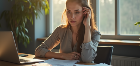Jeune femme stressée au bureau avec papiers et ordinateur