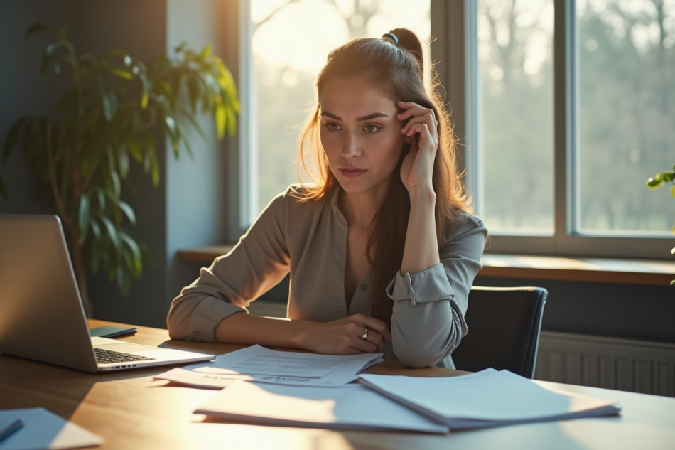 Jeune femme stressée au bureau avec papiers et ordinateur