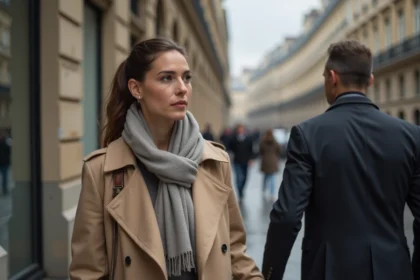 Femme en trench beige et écharpe dans une rue parisienne