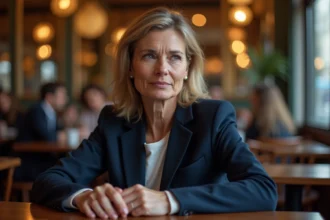 Femme élégante assise dans un café parisien, regard pensif, illustrant le flou médiatique autour de la vie privée des personnalités publiques
