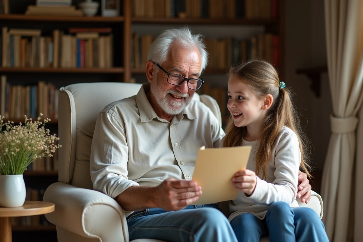 Grand-père ému recevant un dessin fait main de sa petite-fille dans un salon français chaleureux pour la fête des grands-parents