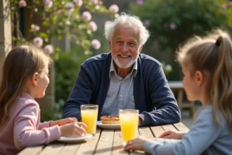 Grand-père français souriant partageant un repas avec ses petits-enfants dans un jardin de campagne lors de la fête des grands-pères