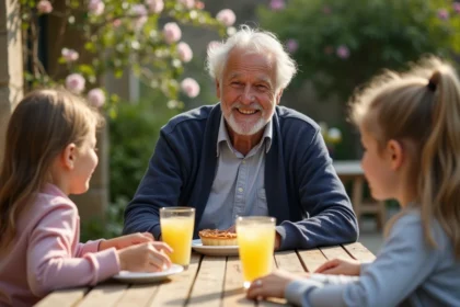 Grand-père français souriant partageant un repas avec ses petits-enfants dans un jardin de campagne lors de la fête des grands-pères