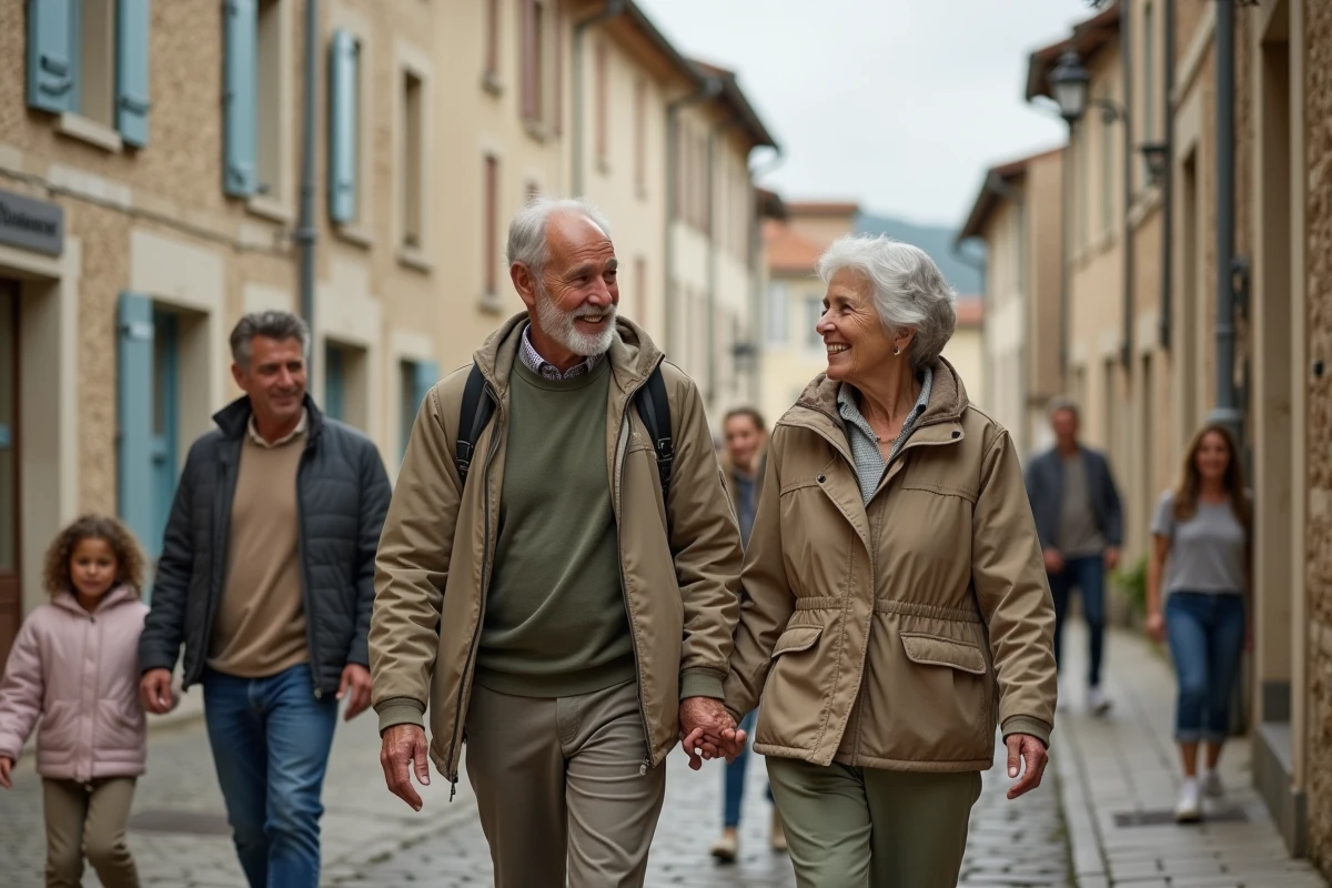 Grands-parents et famille se promenant dans un village français pavé lors d'une sortie dominicale pour célébrer la fête des papys et grands-parents
