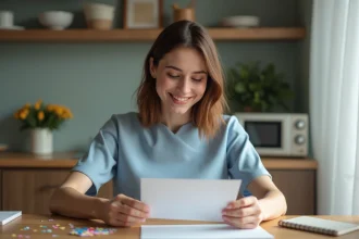 Jeune femme souriante ouvre une carte d'anniversaire dans la cuisine