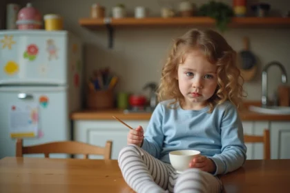 Petite fille de 4 ans contemplant un yaourt dans la cuisine