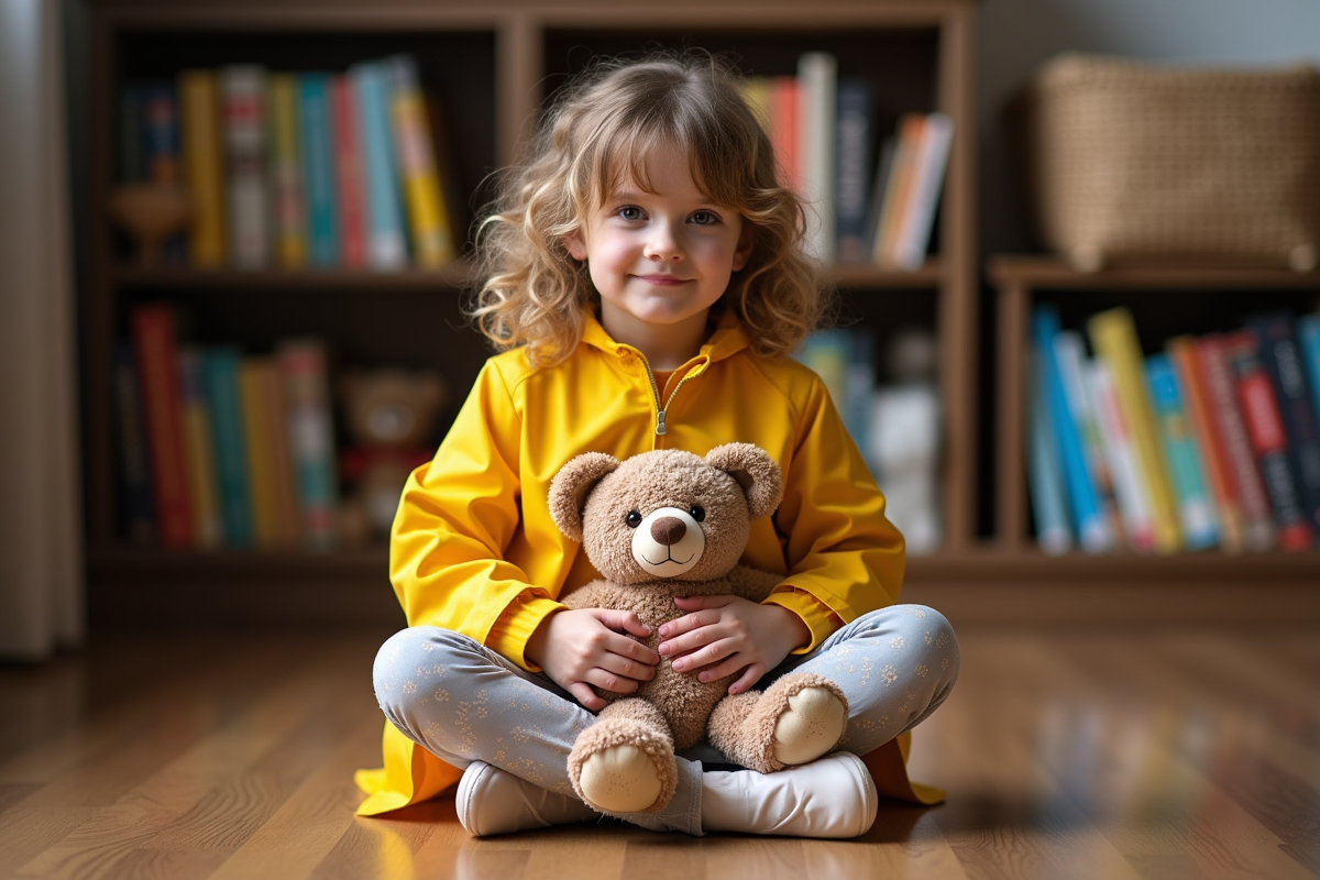Fille de 8 ans avec un ours en peluche dans une pièce chaleureuse