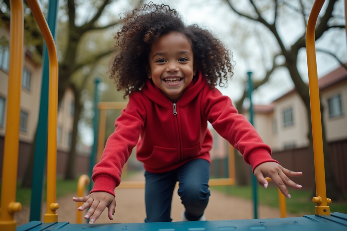 Fille de 9 ans jouant sur une structure de jeux dans le quartier