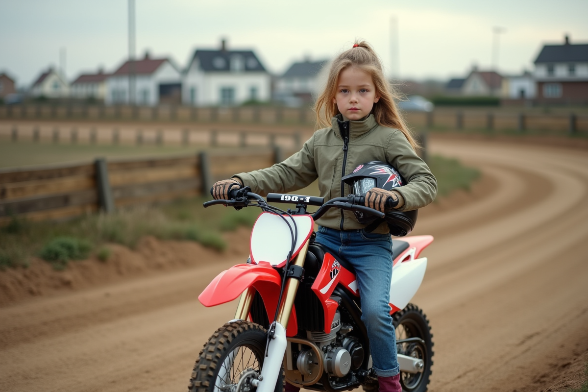 Fille de 8 ans en motocross debout à côté de son vélo