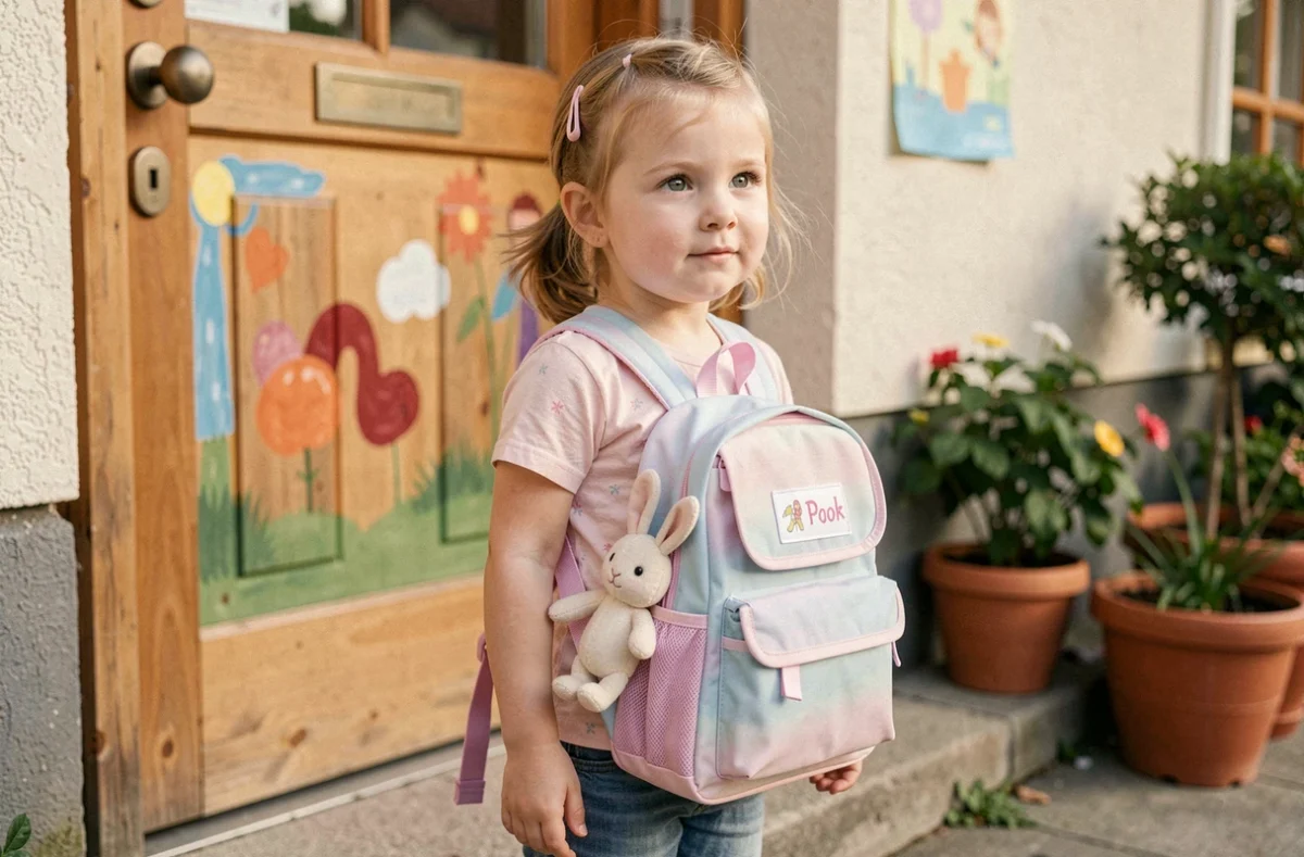 Fillette en maternelle portant un sac à dos avec étiquette prénom et doudou attaché pour éviter les pertes