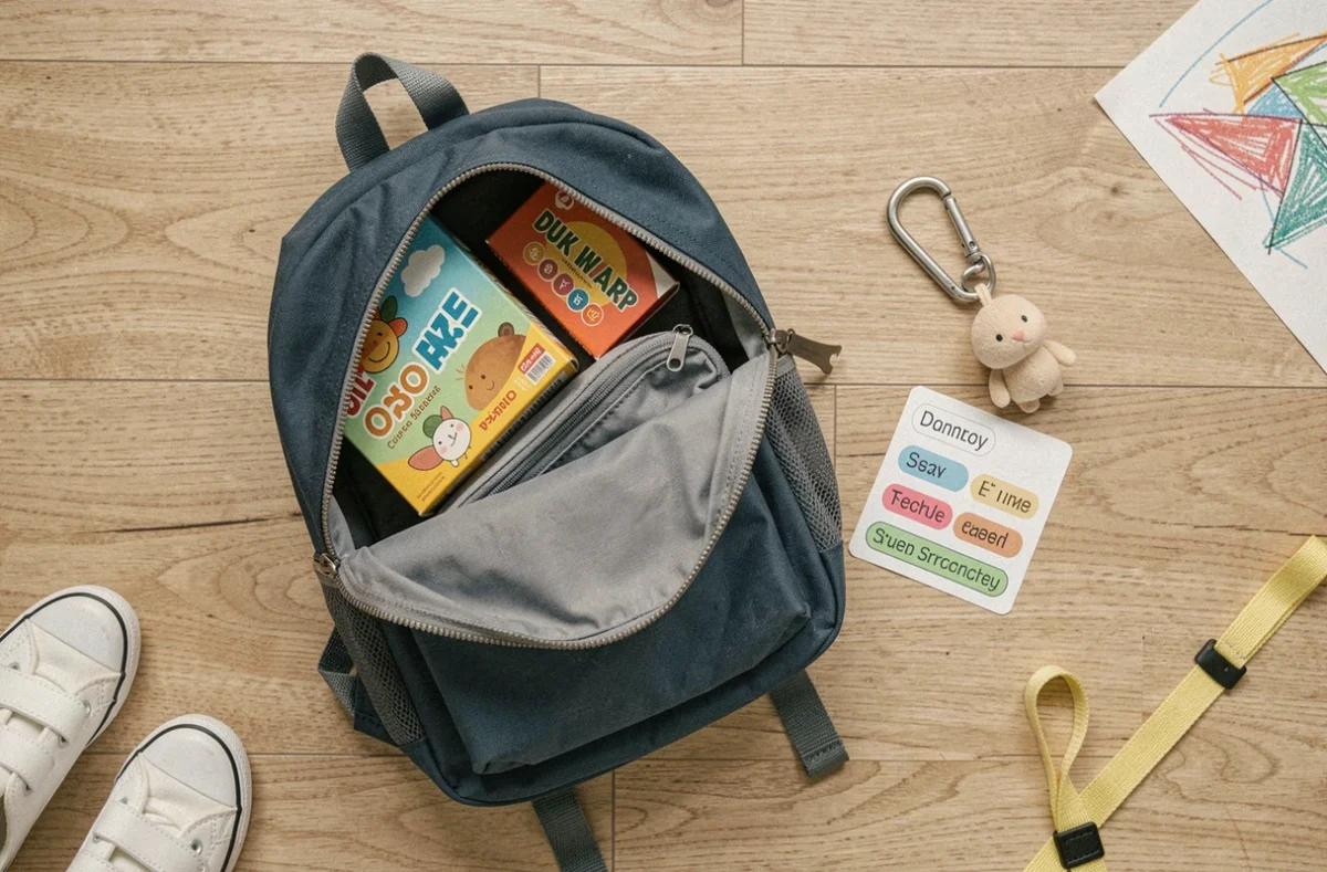 Vue à plat d'un sac à dos maternelle avec étiquettes personnalisées, porte-doudou et accessoires anti-perte pour enfant