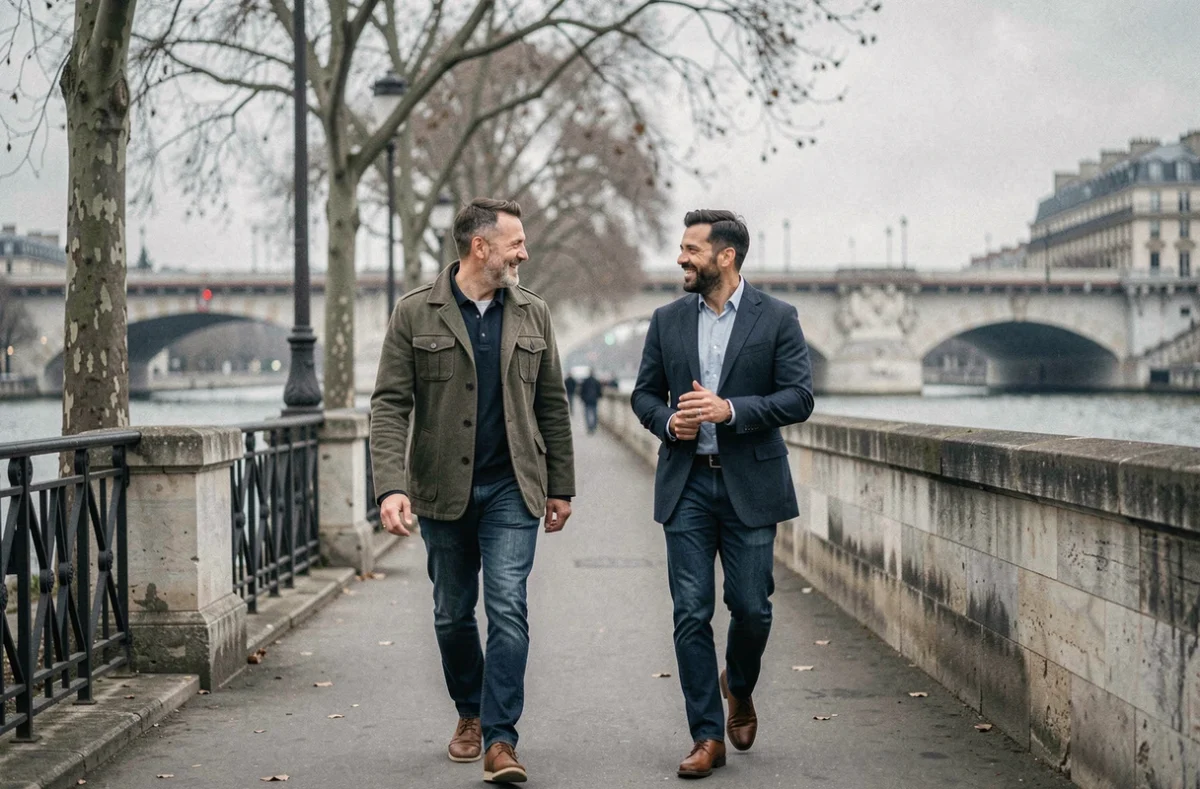Deux frères adultes marchant et discutant au bord de la Seine à Paris, évoquant la complicité au sein de la fratrie Haroche