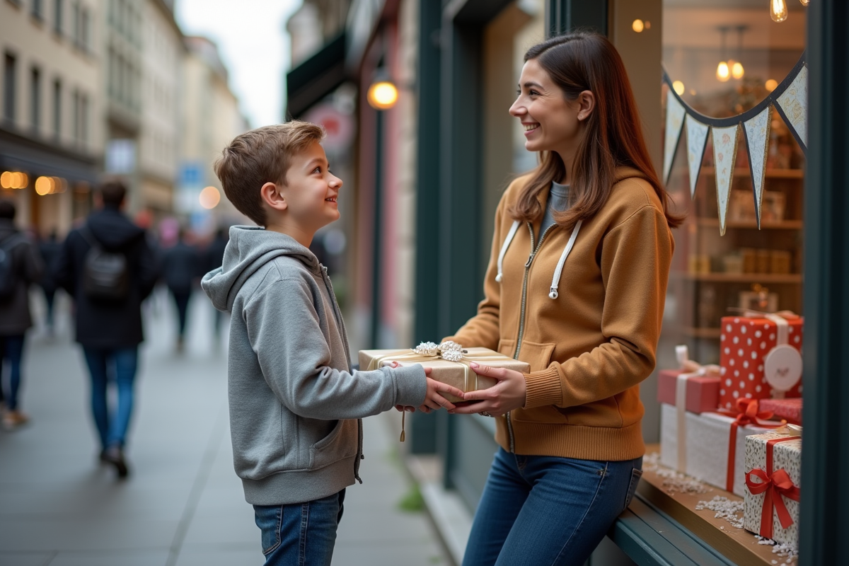 Garçon recevant un cadeau devant un magasin