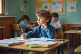 Garçon de 7 ans assis à une table d'école avec livres et crayons