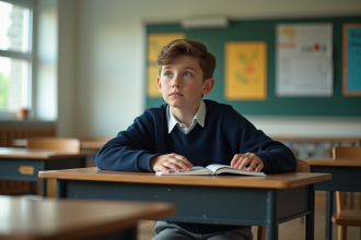 Garçon de 12 ans en uniforme scolaire dans une classe moderne