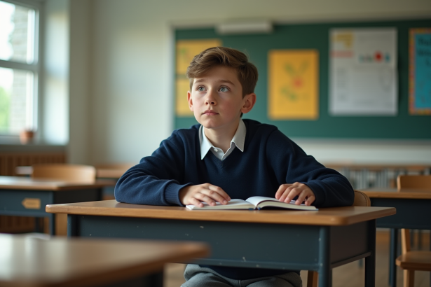 Garçon de 12 ans en uniforme scolaire dans une classe moderne