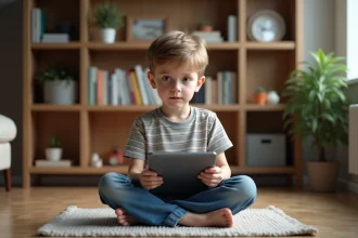 Garçon de 9 ans assis sur le sol en famille