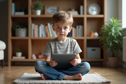 Garçon de 9 ans assis sur le sol en famille