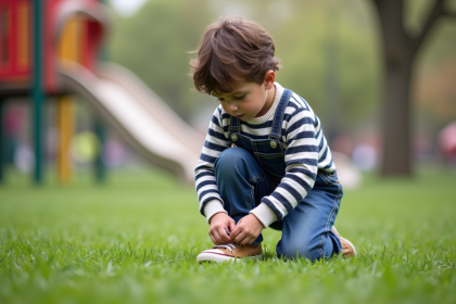 Jeune garçon de 7 ans en plein effort dans un parc urbain
