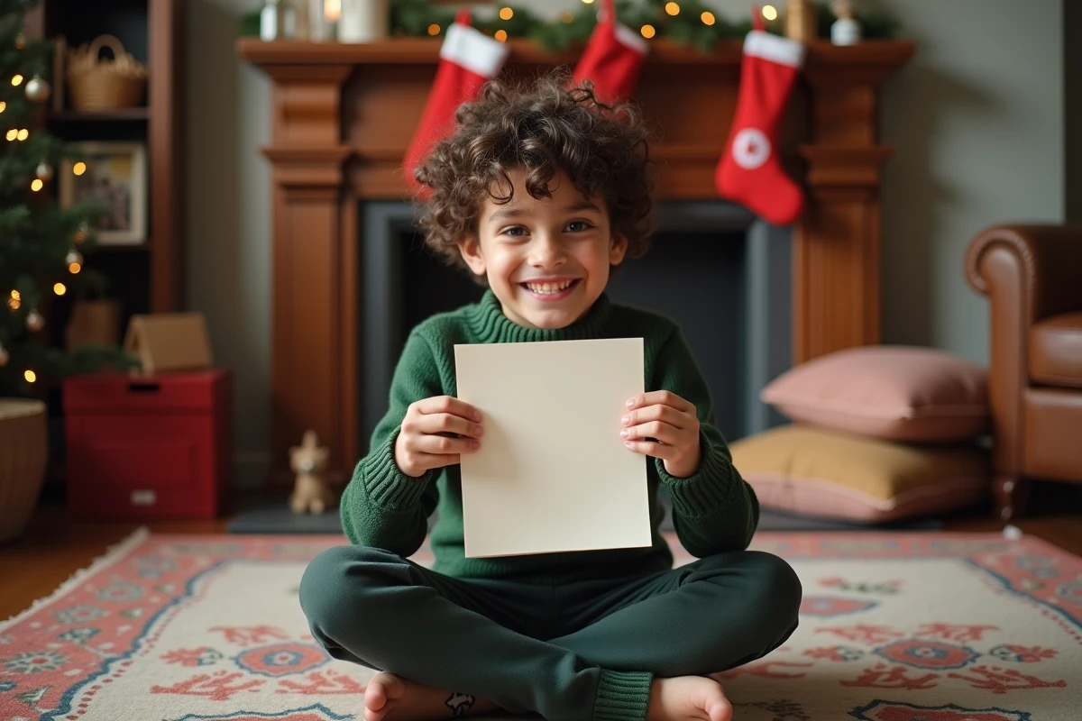 Garçon de 9 ans montrant sa lettre à Santa avec fierté