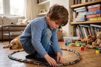 Jeune garçon arrangeant des miniatures de voitures