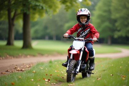 Garçon de 7 ans souriant en motocross sur un vélo tout-terrain