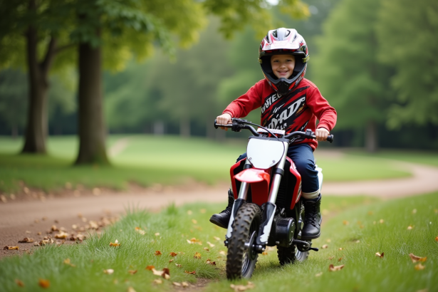 Garçon de 7 ans souriant en motocross sur un vélo tout-terrain
