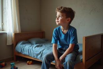 Jeune garçon pensif dans une chambre simple et chaleureuse