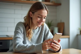 Femme gérant ses démarches CAF sur smartphone depuis sa cuisine