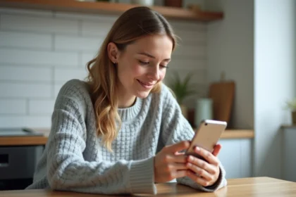Femme gérant ses démarches CAF sur smartphone depuis sa cuisine