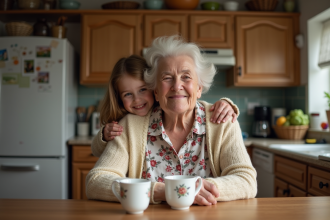 Une grand-mère et une petite fille souriantes dans la cuisine chaleureuse