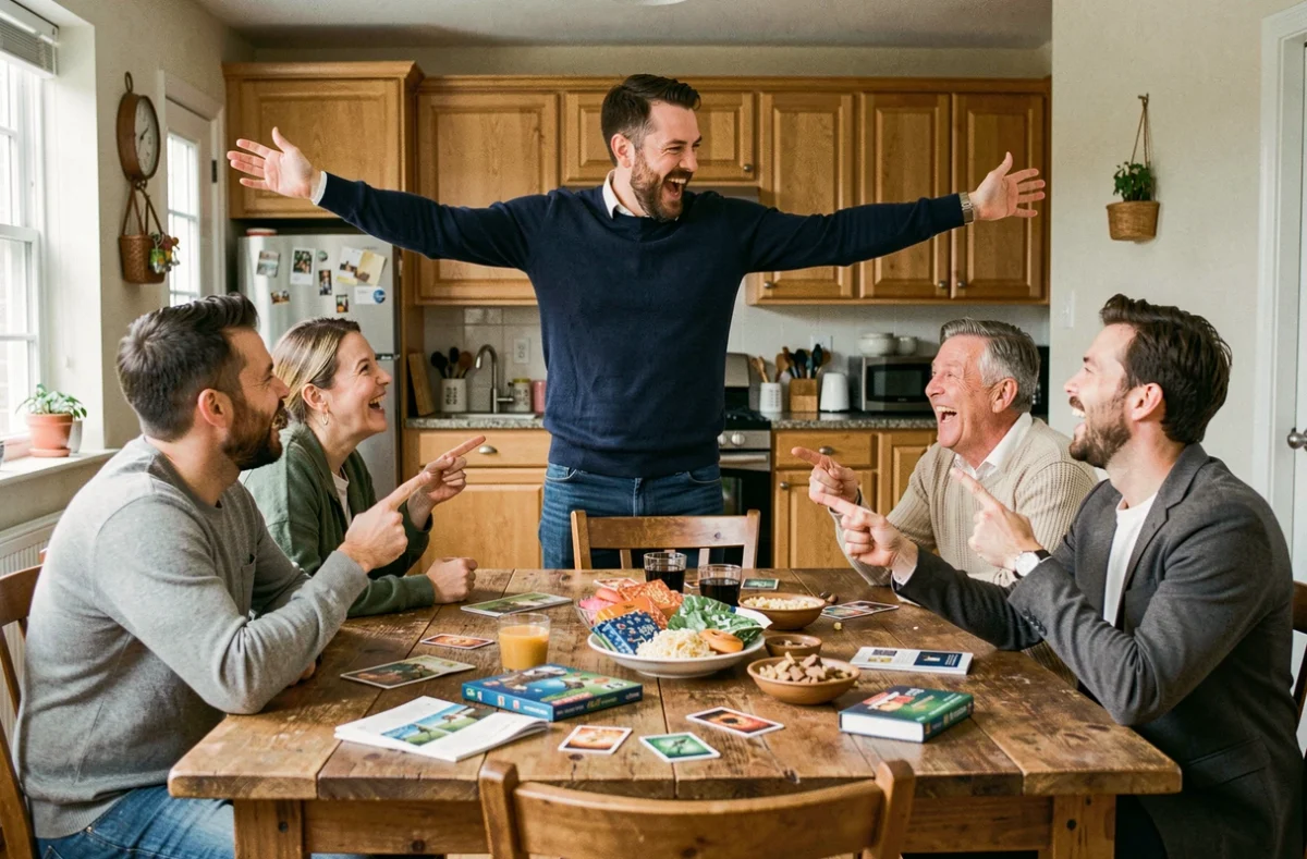 Groupe d'amis jouant au jeu de mimes autour d'une table, idées de mimes drôles pour soirée jeux