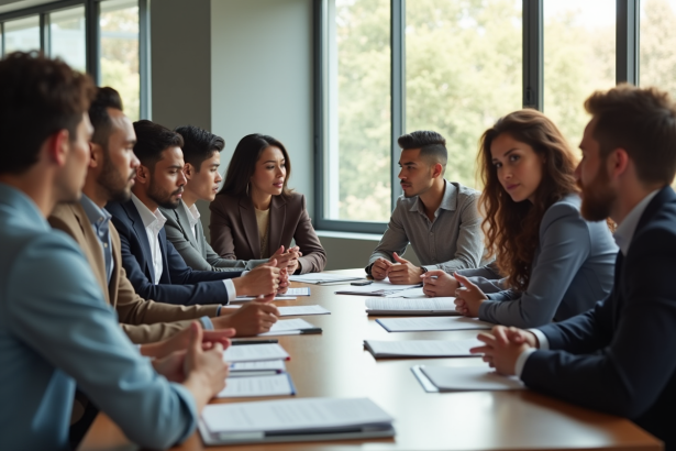 Groupe diversifié en réunion de travail avec documents